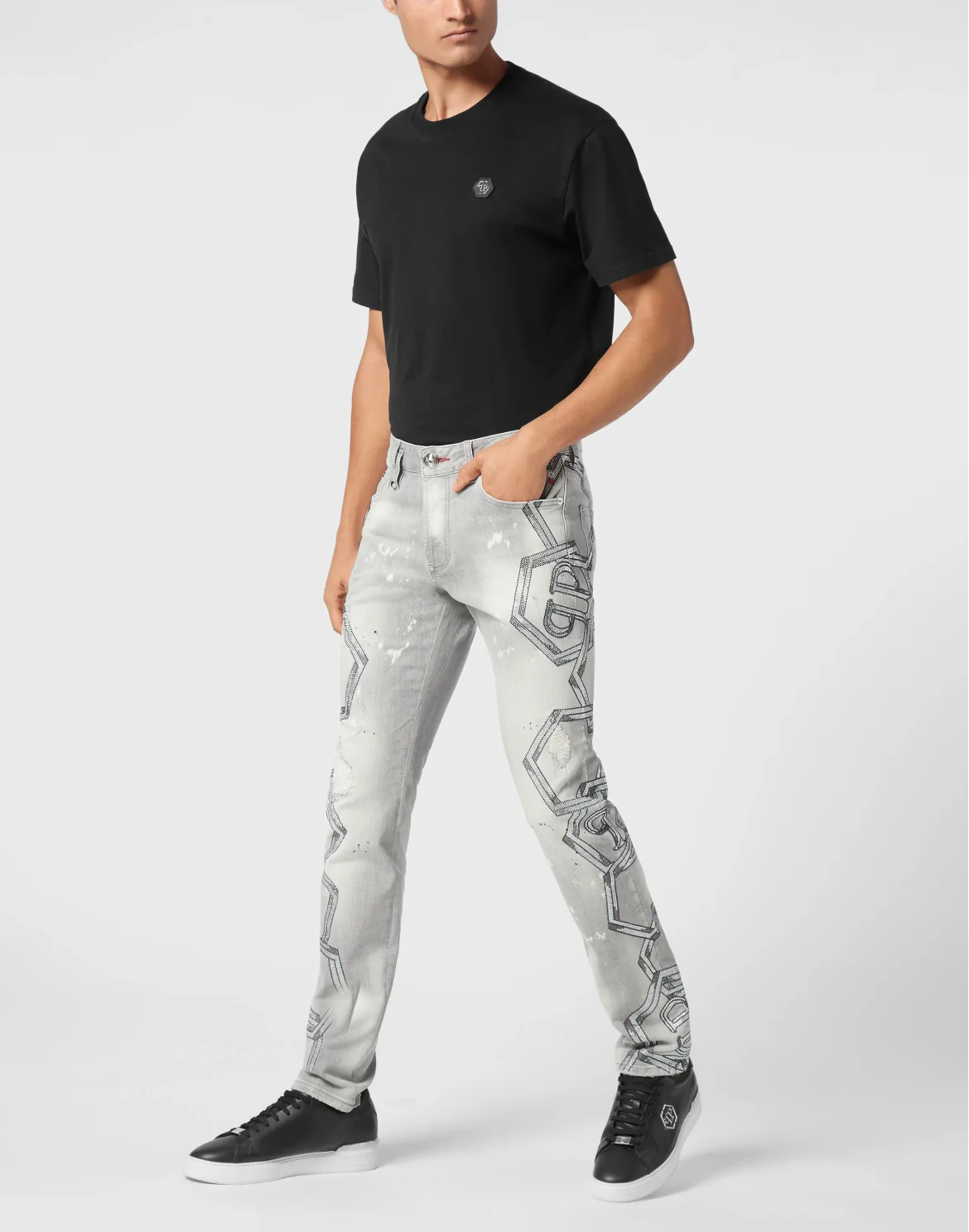 Denim Super Straight Cut Trousers Strass Chains, цвет: Серый