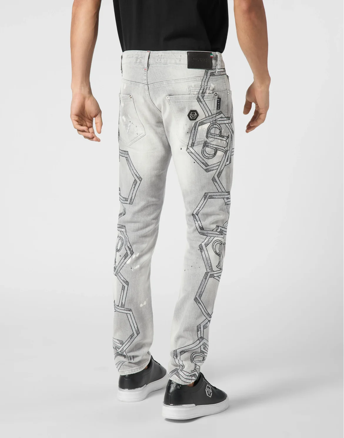 Denim Super Straight Cut Trousers Strass Chains, цвет: Серый