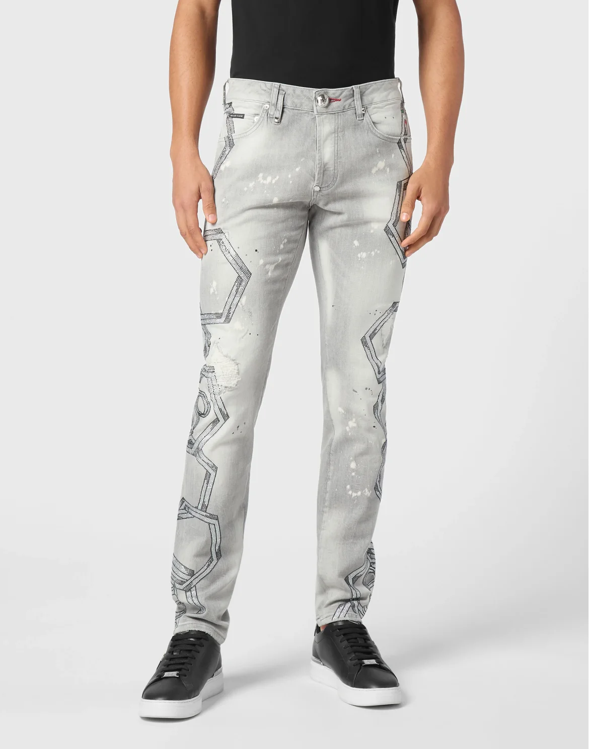 Denim Super Straight Cut Trousers Strass Chains, цвет: Серый