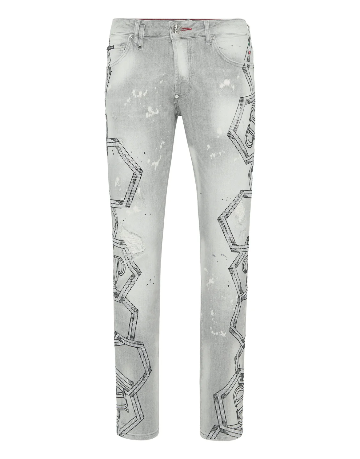 Denim Super Straight Cut Trousers Strass Chains, цвет: Серый