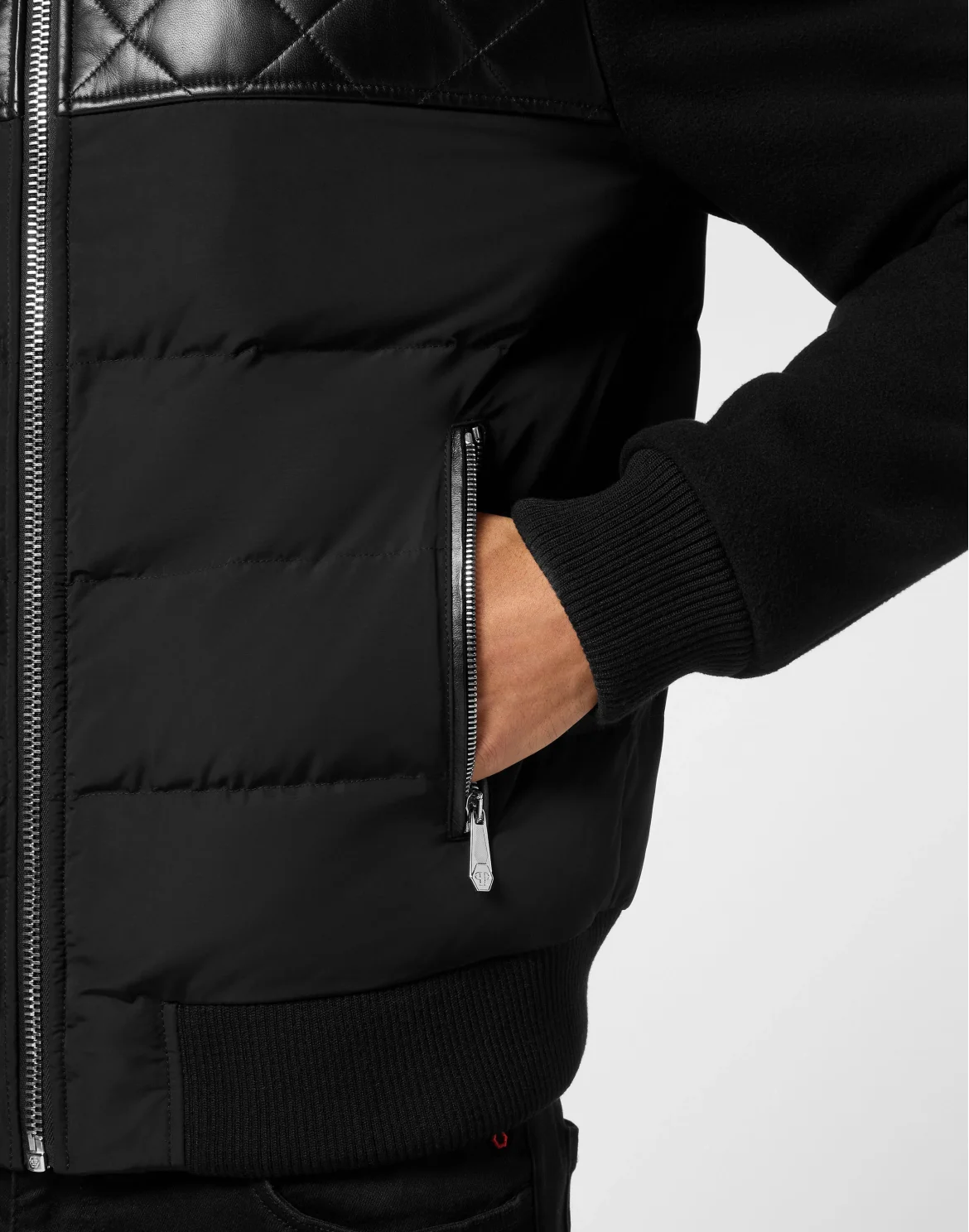 Puffer Leather Bomber Jacket LS, цвет: Черный