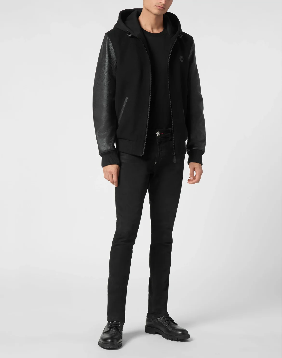 Hoodie Sweatjacket With Leather Sleeves Skull&Bones, цвет: Черный