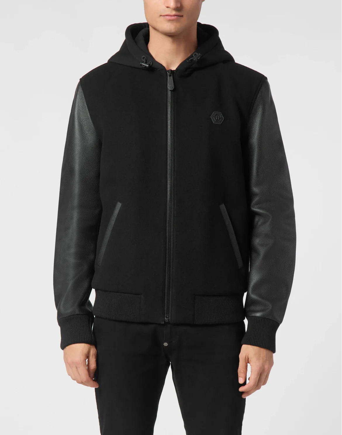 Hoodie Sweatjacket With Leather Sleeves Skull&Bones, цвет: Черный