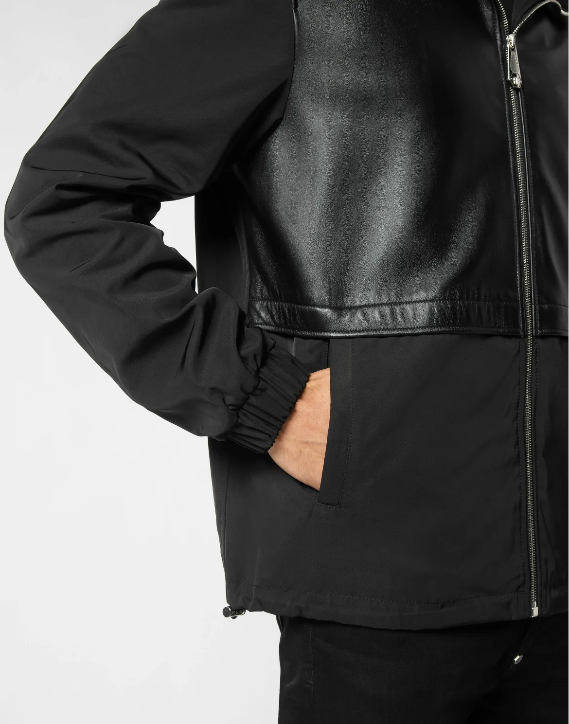 Nylon/Leather Hooded Jacket LS, цвет: Черный