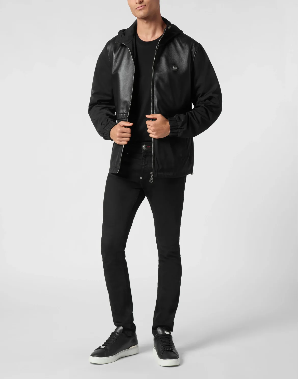 Nylon/Leather Hooded Jacket LS, цвет: Черный