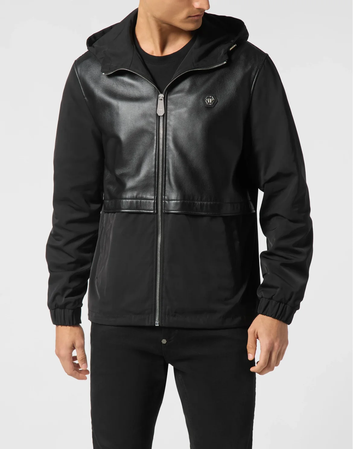 Nylon/Leather Hooded Jacket LS, цвет: Черный