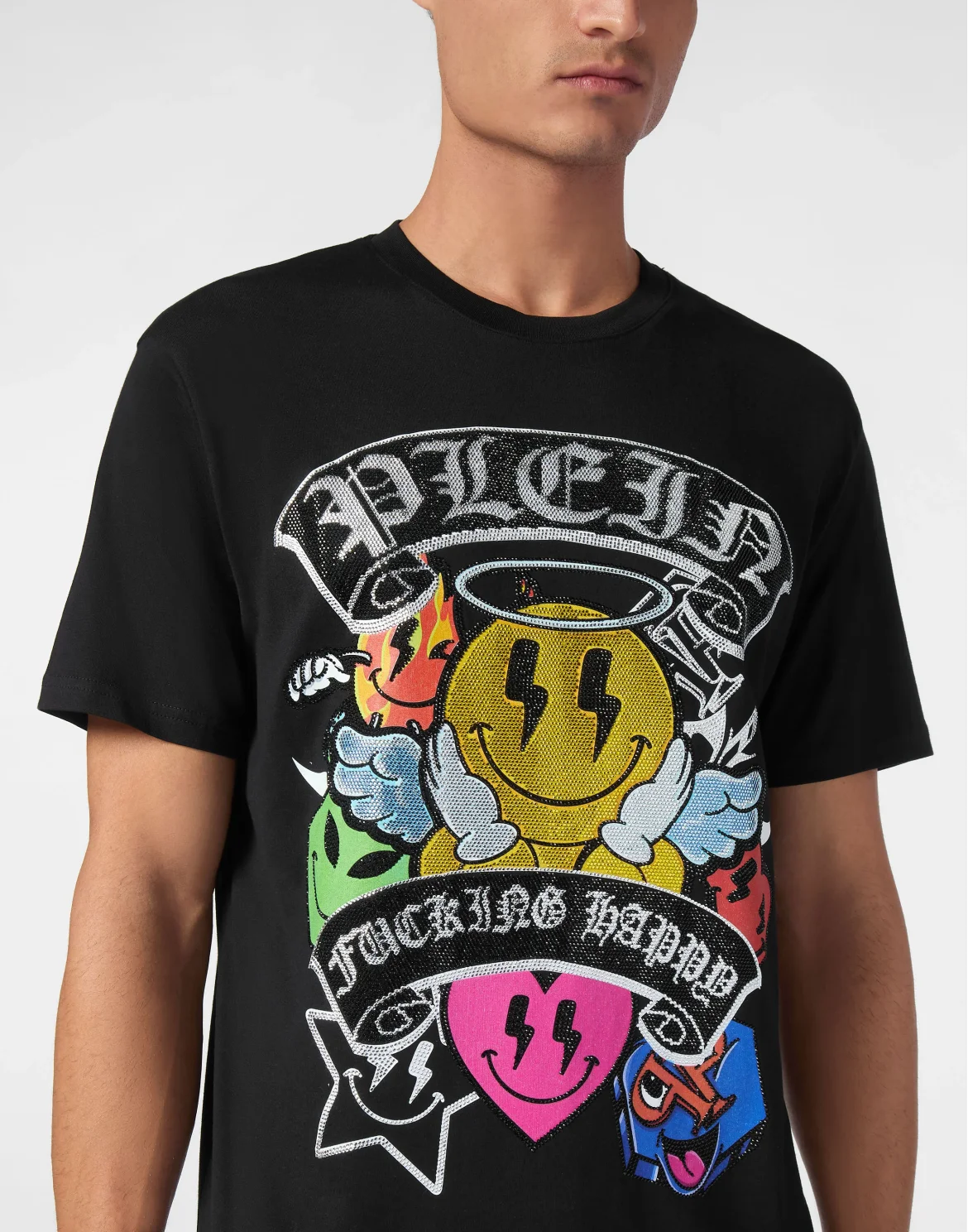 T-shirt Round Neck SS Strass Smile, цвет: Черный