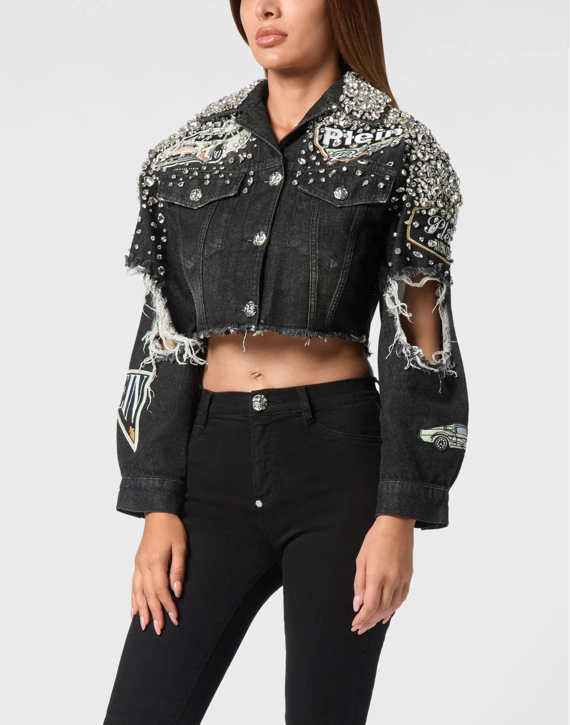 Denim Cropped Jacket LS Stones Cars Racing, цвет: Черный