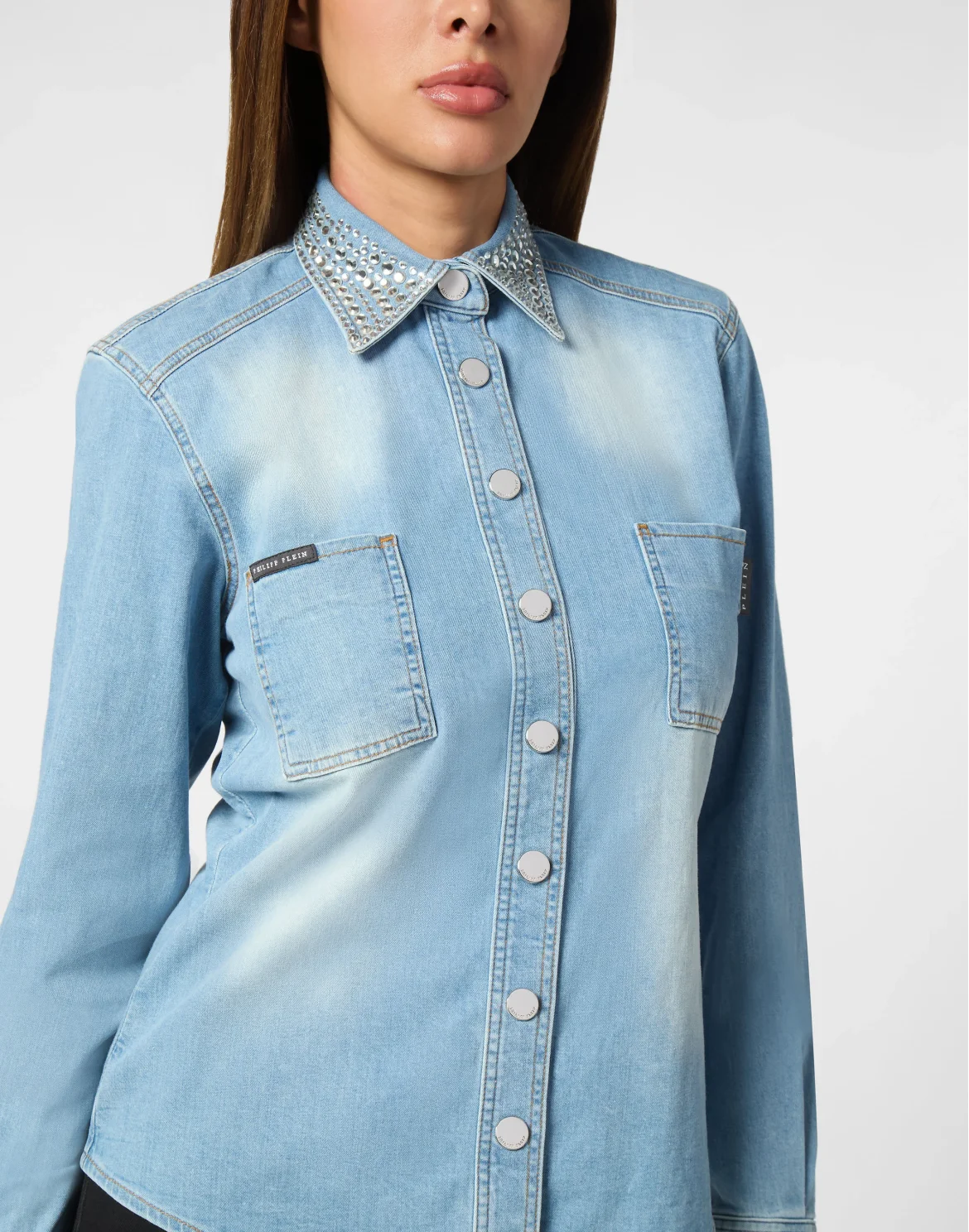 Denim Shirt Long-Sleeve With Crystal Collar, цвет: Голубой