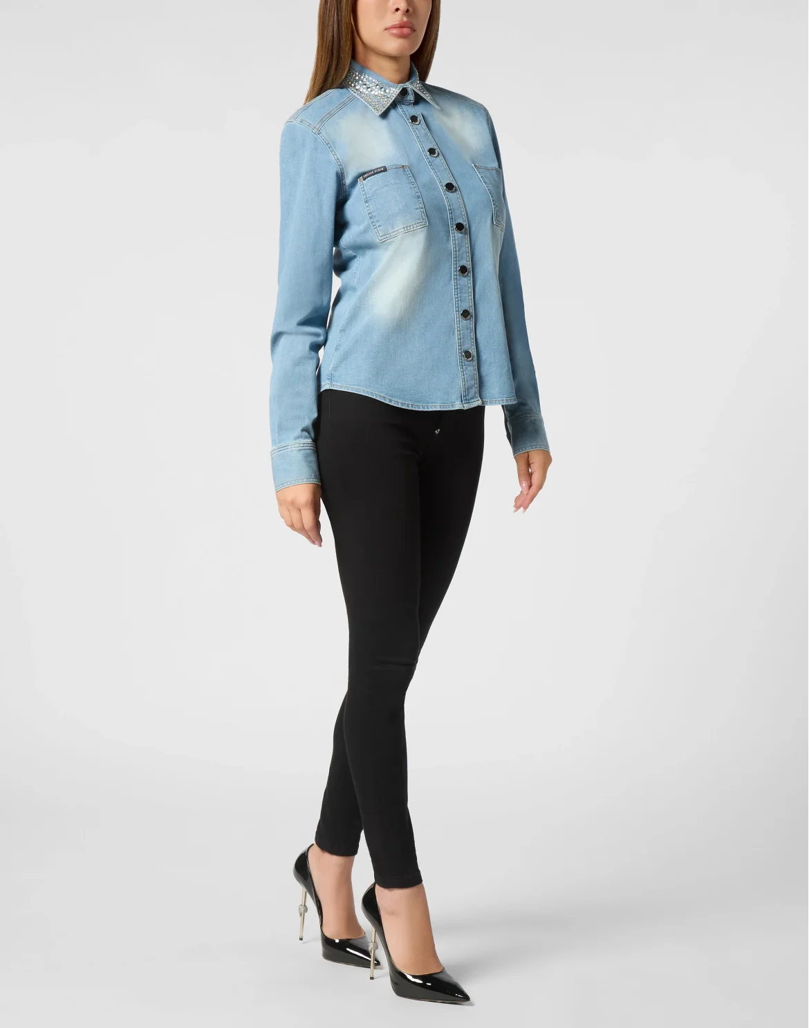 Denim Shirt Long-Sleeve With Crystal Collar, цвет: Голубой
