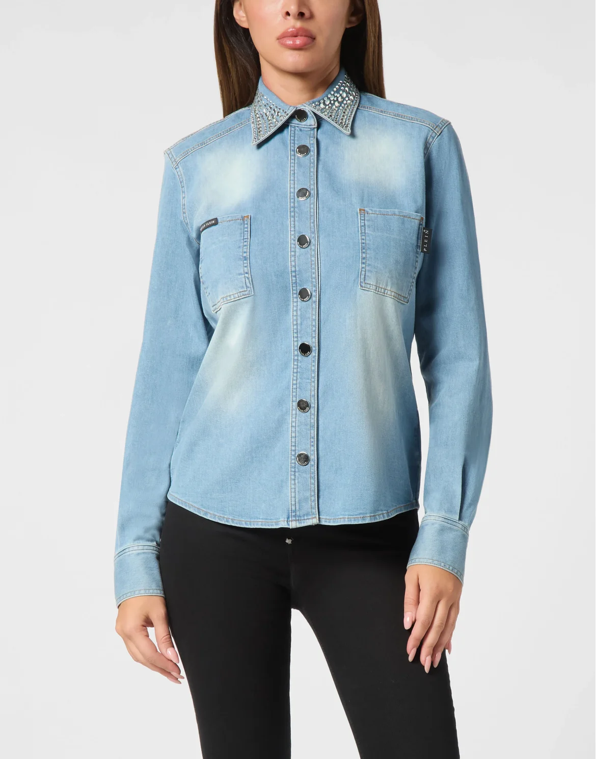 Denim Shirt Long-Sleeve With Crystal Collar, цвет: Голубой