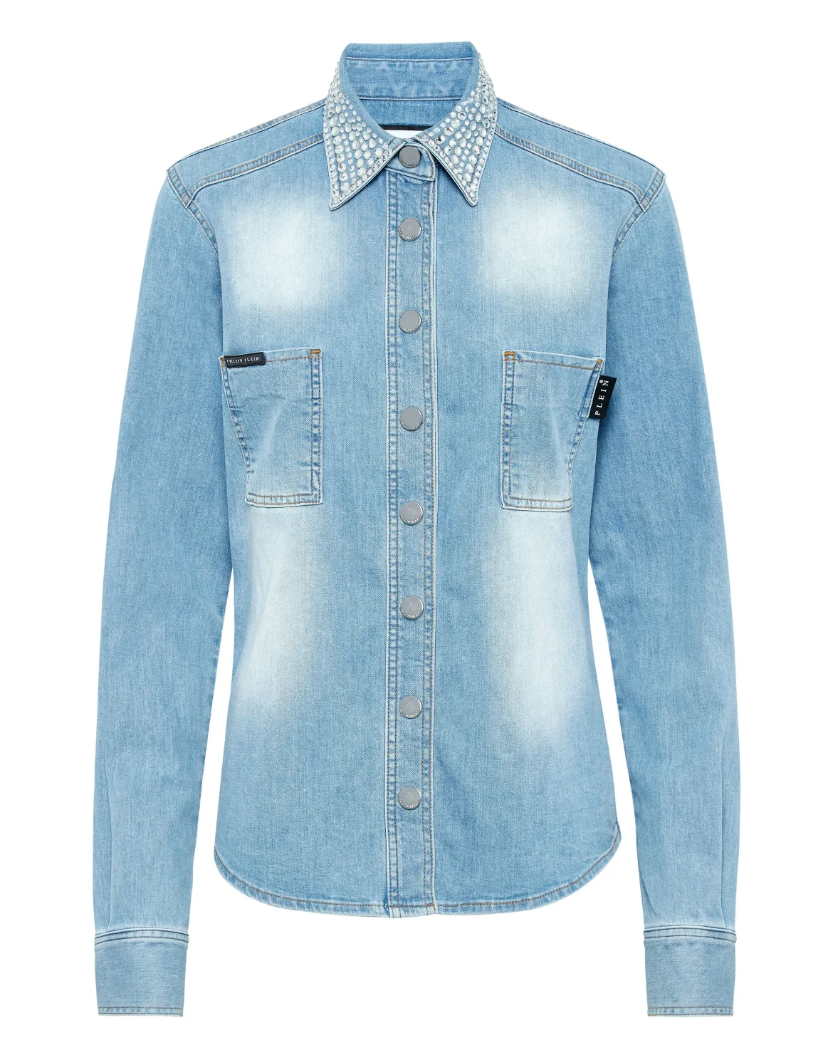 Denim Shirt Long-Sleeve With Crystal Collar, цвет: Голубой