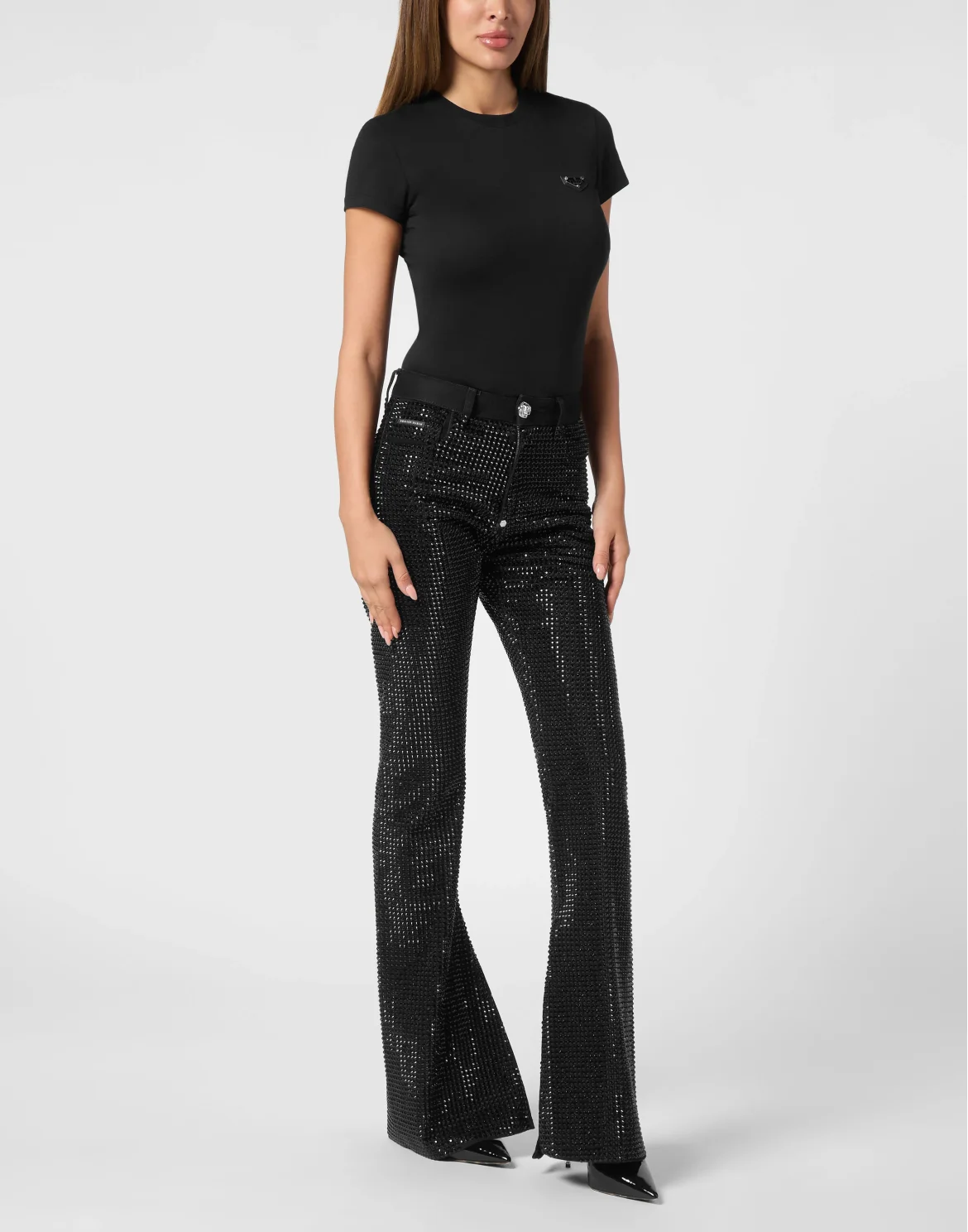 Denim Trousers Flare Fit Strass, цвет: Черный