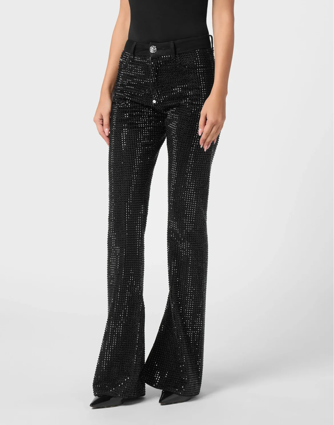 Denim Trousers Flare Fit Strass, цвет: Черный