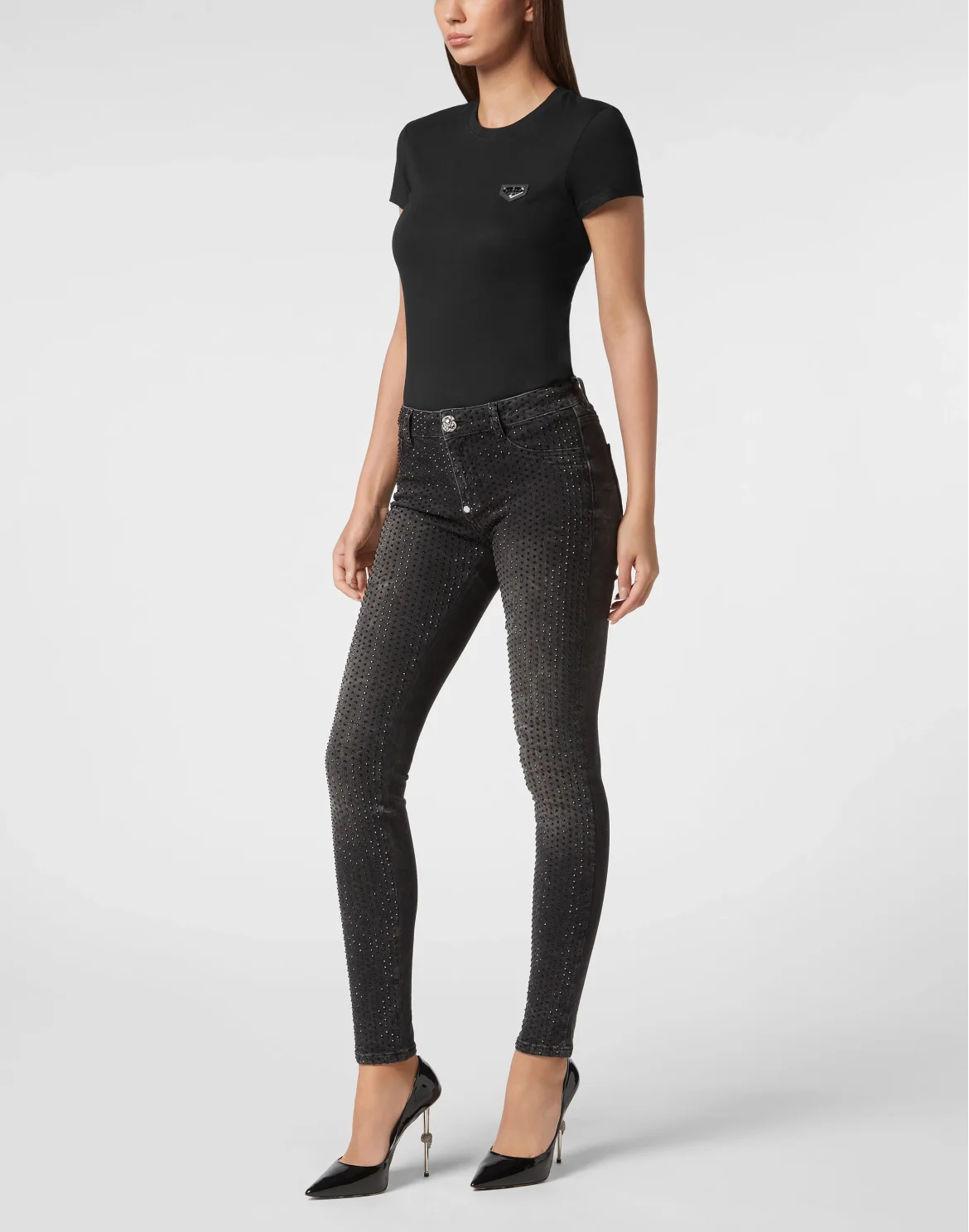 Denim Jegging Fit Trousers Strass, цвет: Черный