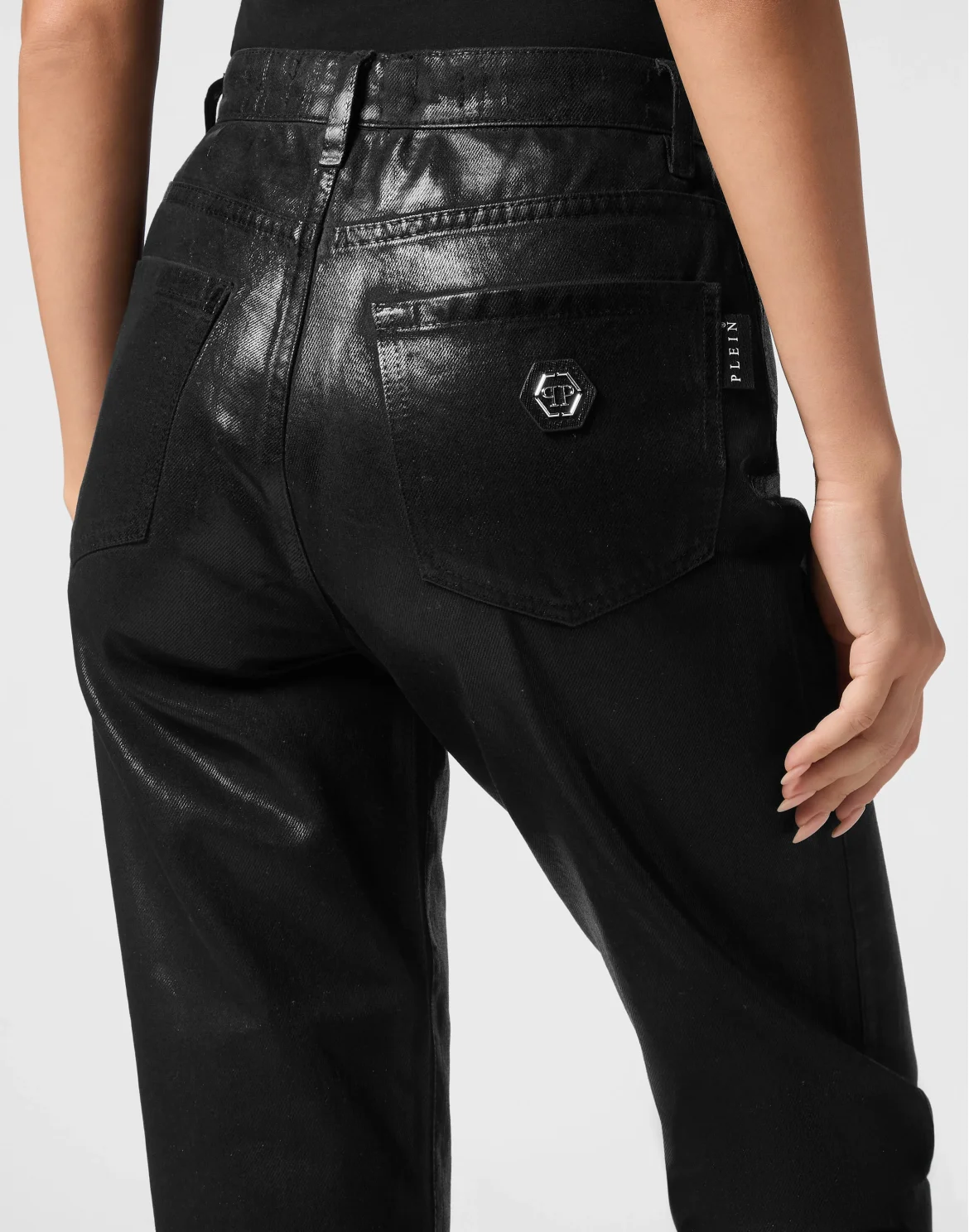 Coated Denim Trousers Mom Fit, цвет: Черный