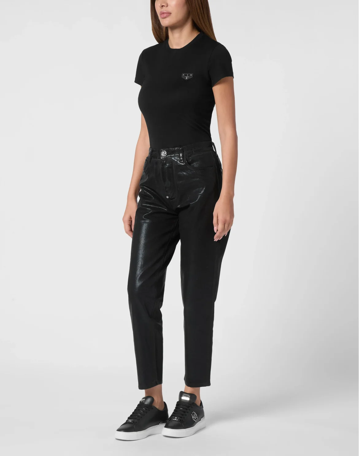 Coated Denim Trousers Mom Fit, цвет: Черный