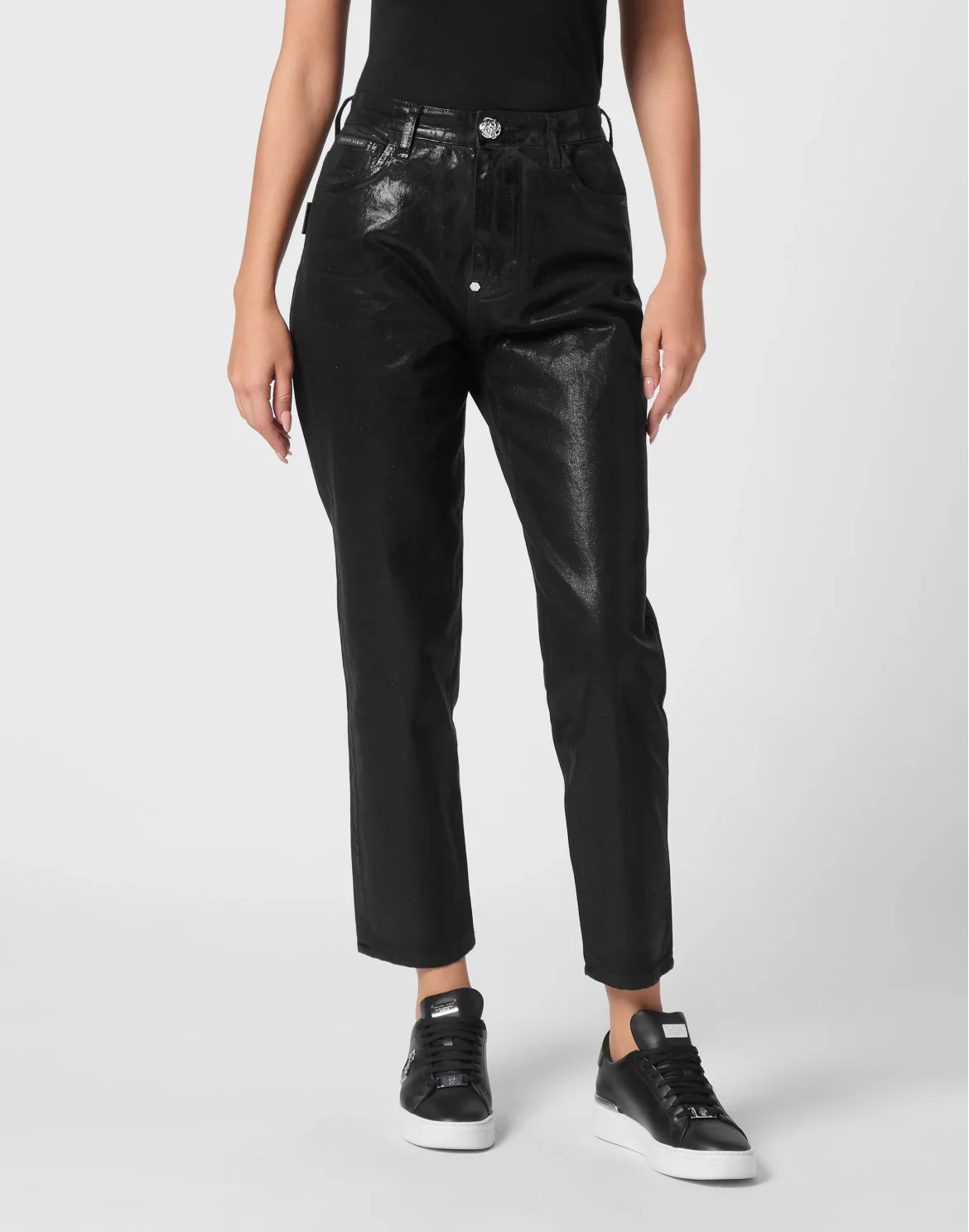 Coated Denim Trousers Mom Fit, цвет: Черный