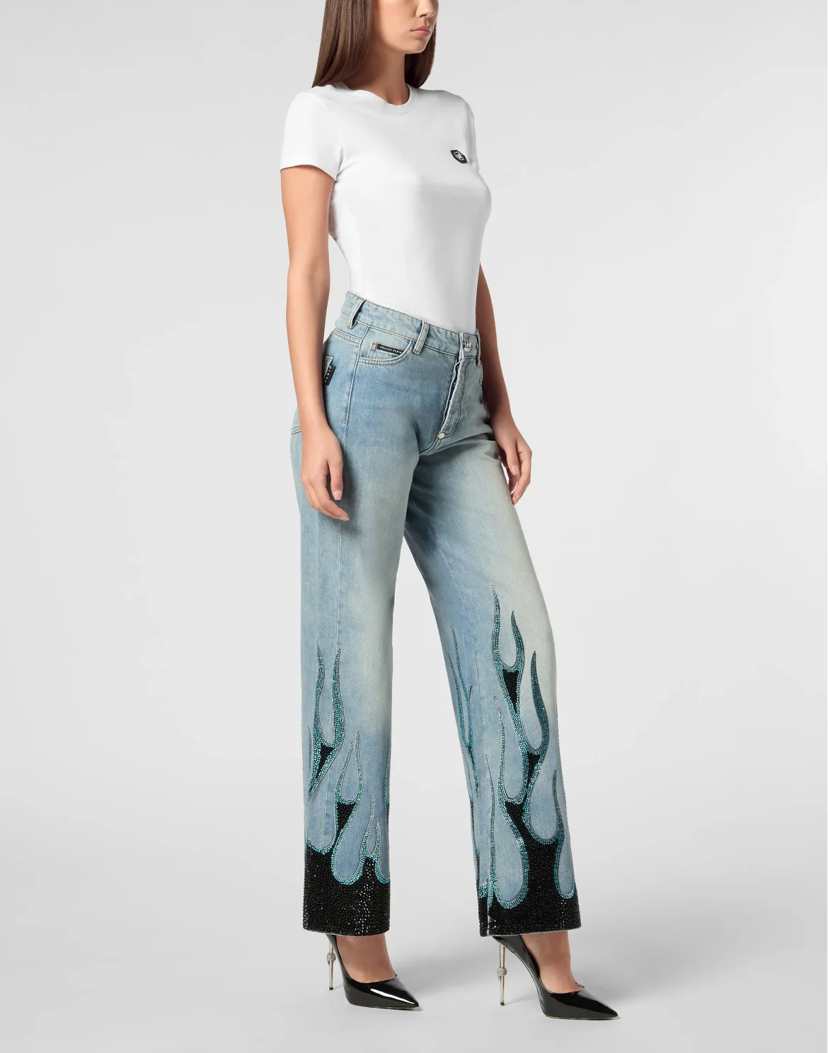 Denim Skater Fit Trousers Strass Flame, цвет: Серый