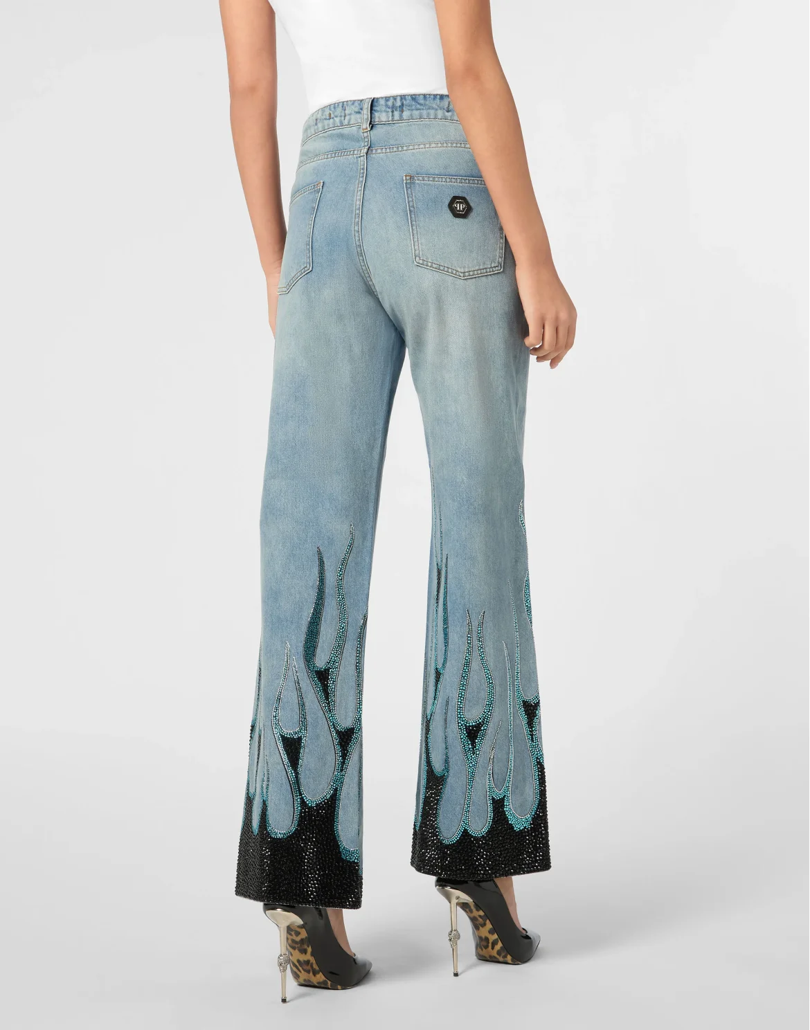 Denim Skater Fit Trousers Strass Flame, цвет: Серый