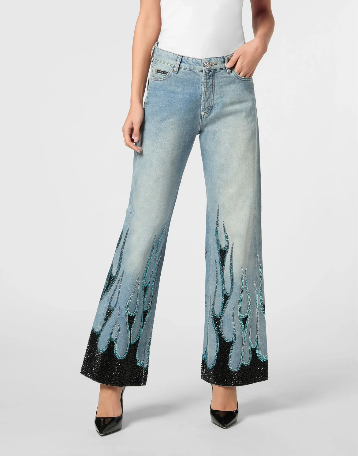 Denim Skater Fit Trousers Strass Flame, цвет: Серый