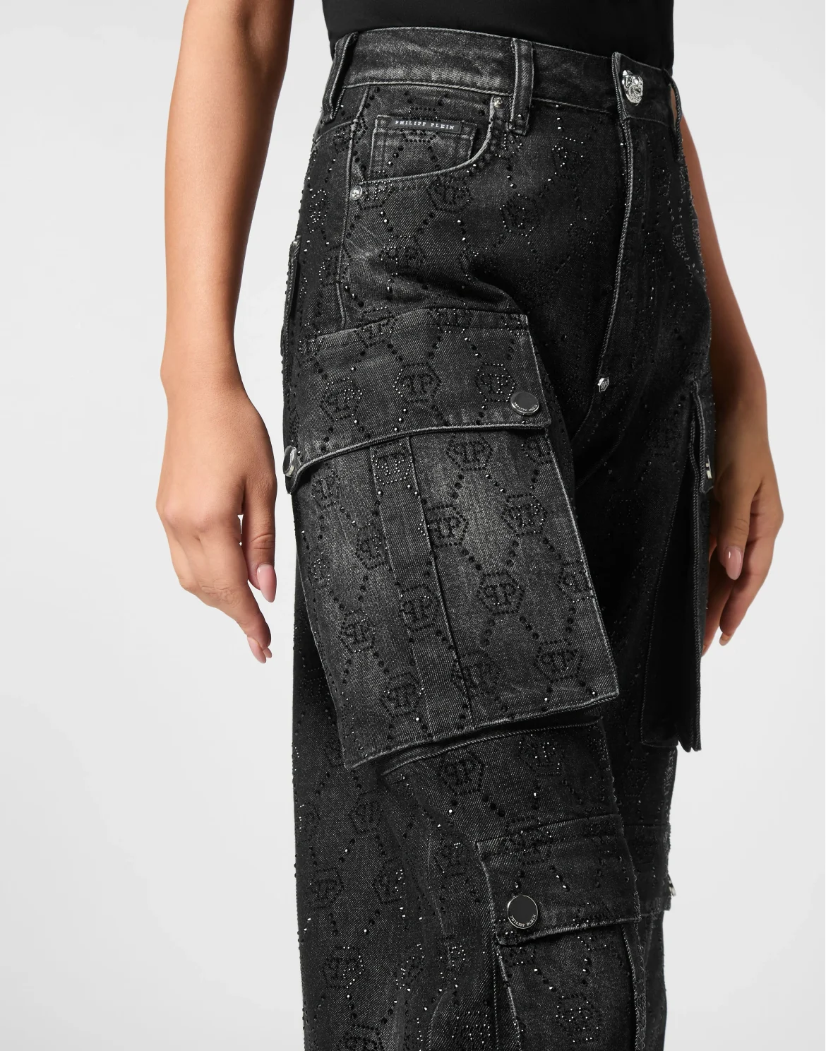 Denim Cargo Trousers Monogram Strass, цвет: Черный