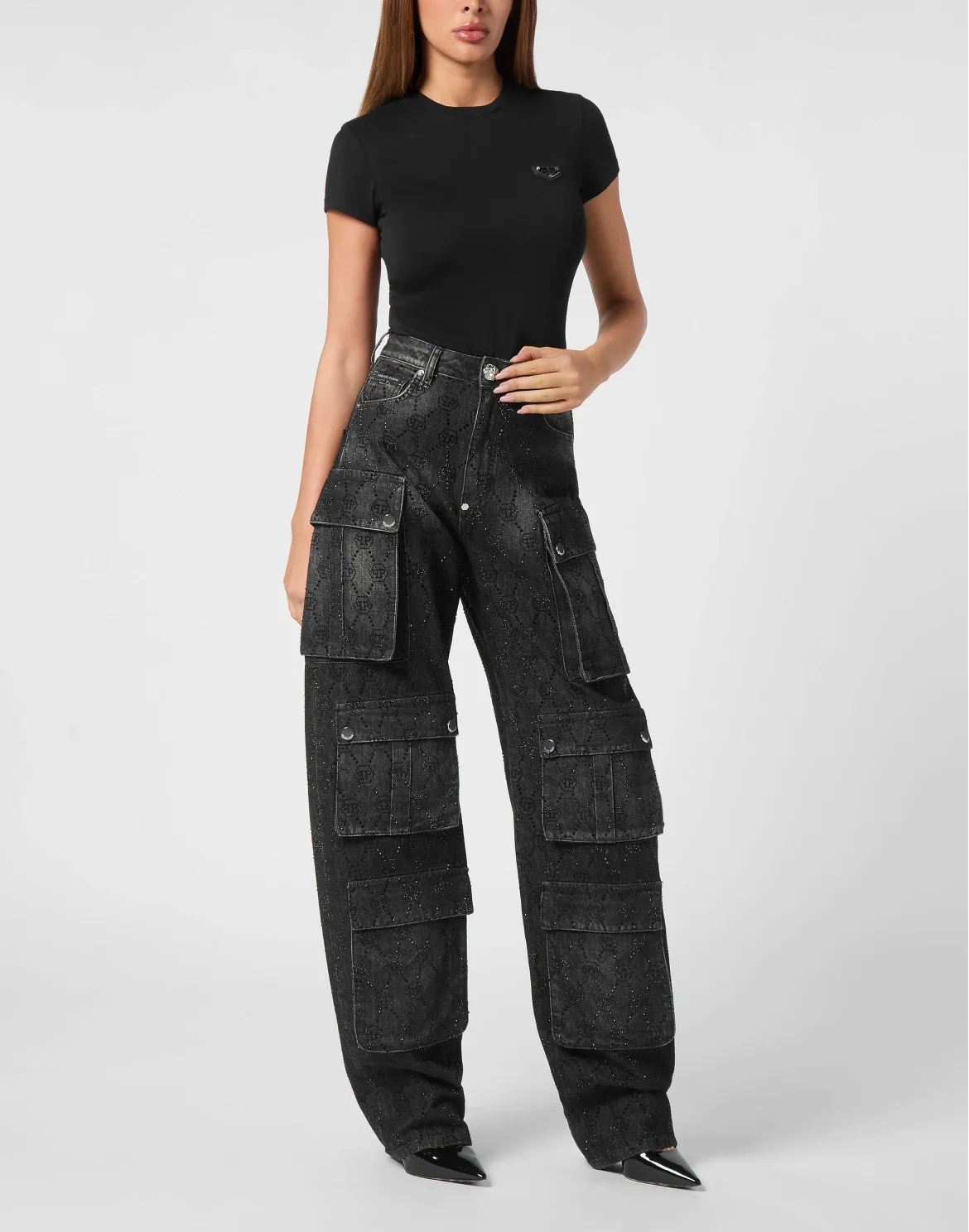 Denim Cargo Trousers Monogram Strass, цвет: Черный