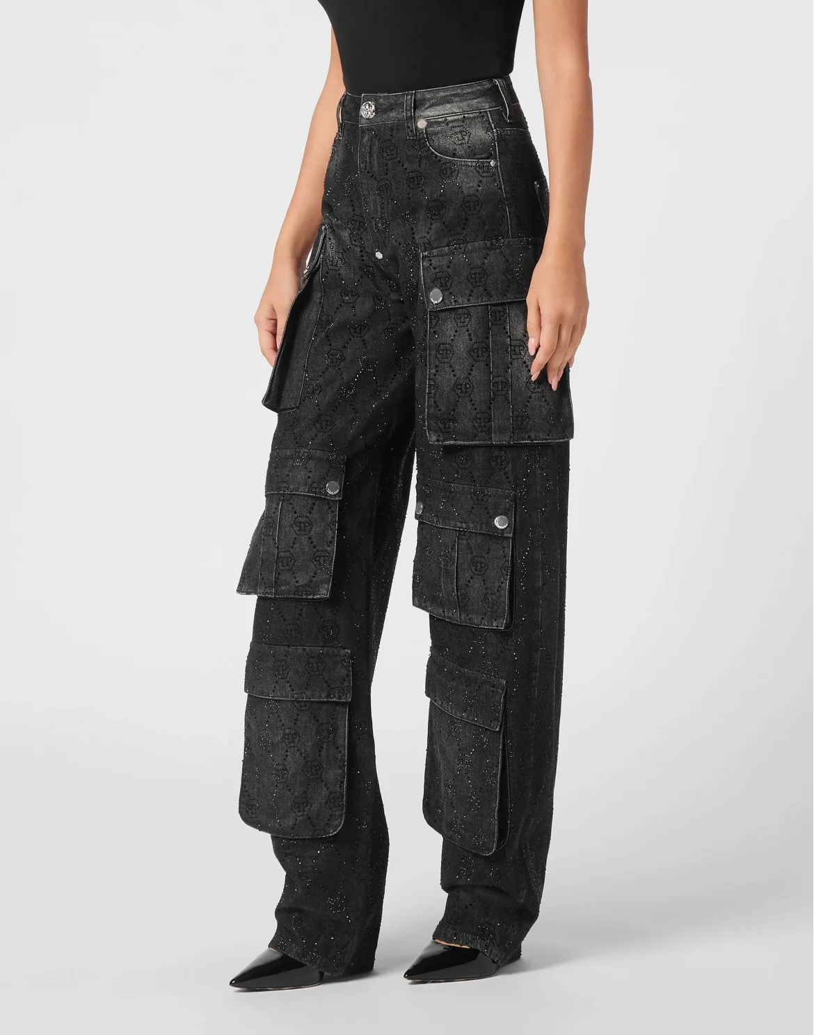 Denim Cargo Trousers Monogram Strass, цвет: Черный