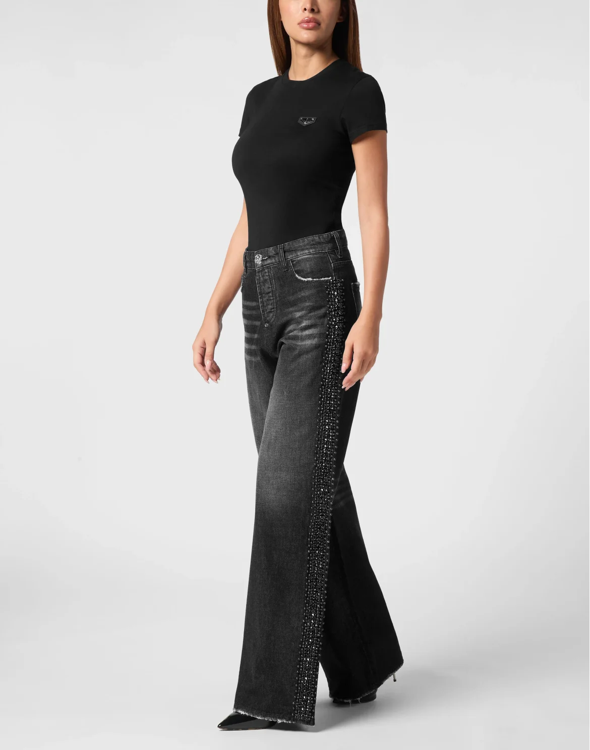 Denim Skater Fit Trousers Rib Strass, цвет: Черный