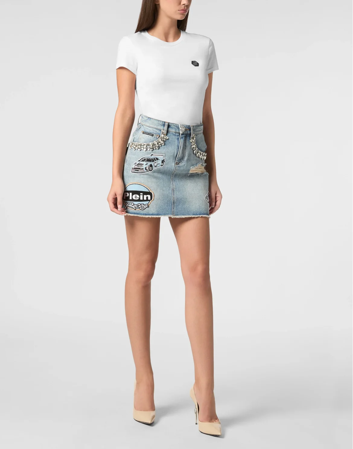 Denim Mini Skirt Stones Cars Racing, цвет: Серый