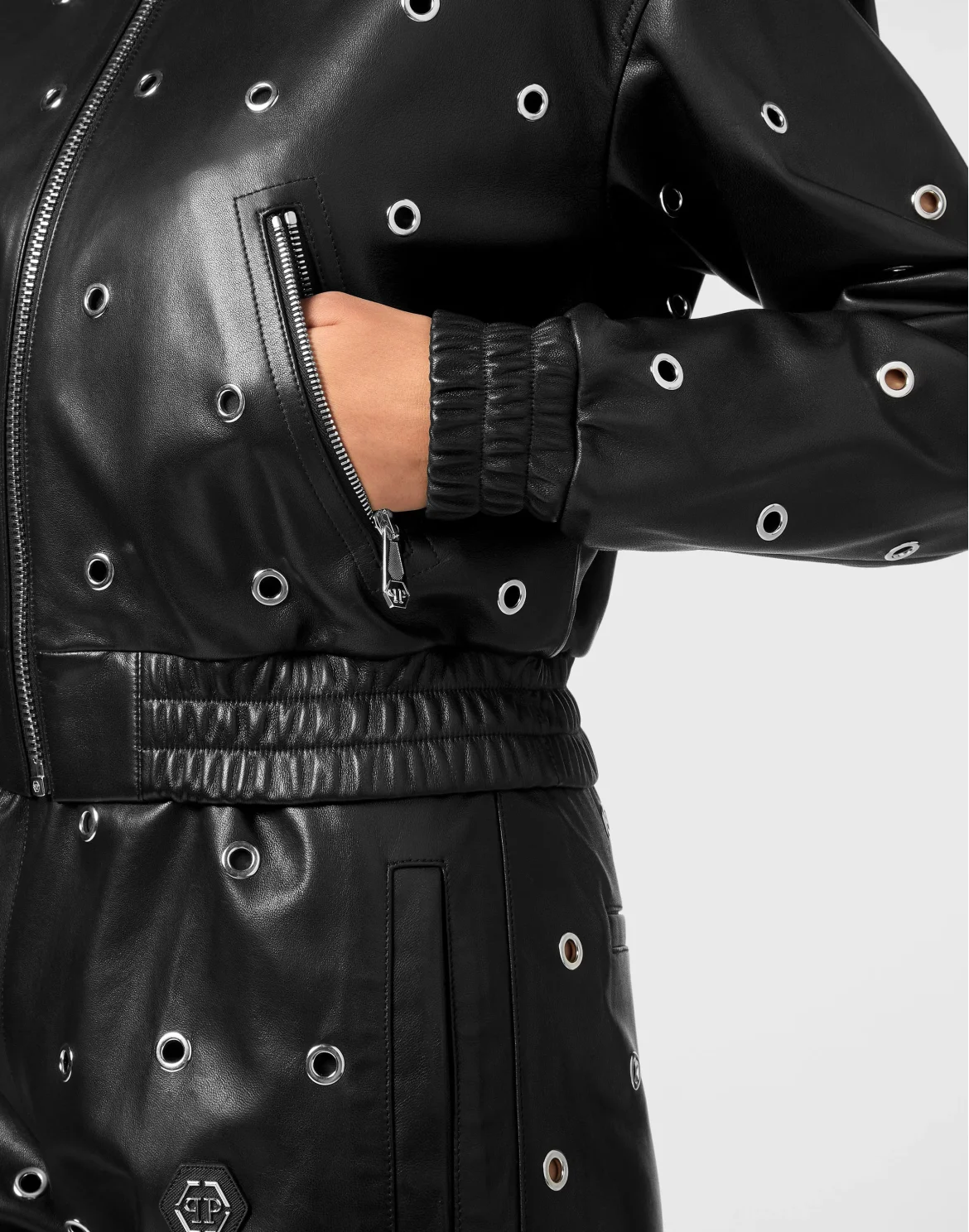 Leather Eyelet Bomber Jacket LS, цвет: Черный