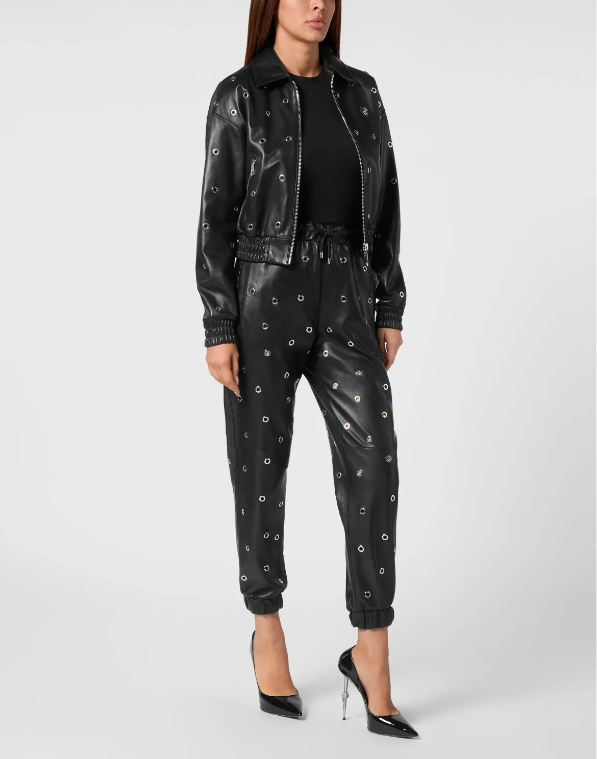 Leather Eyelet Bomber Jacket LS, цвет: Черный