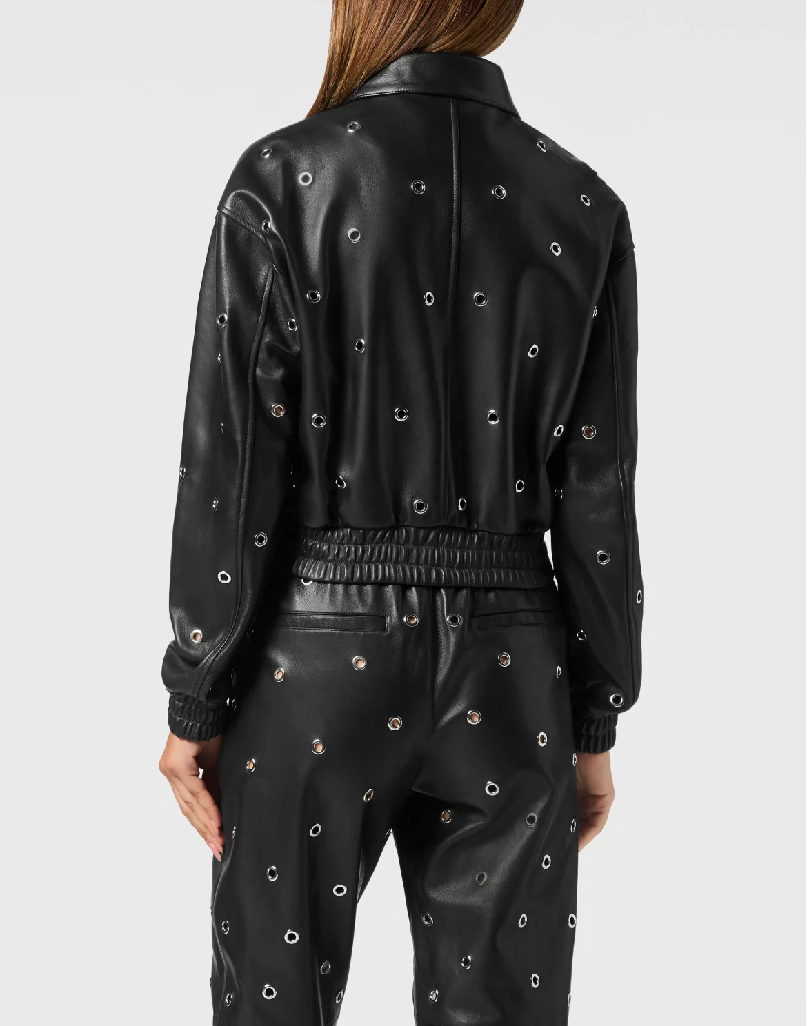 Leather Eyelet Bomber Jacket LS, цвет: Черный