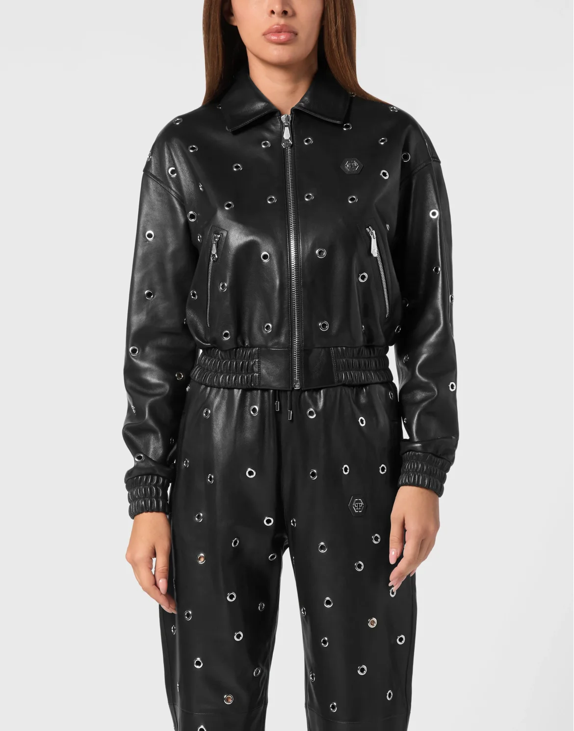 Leather Eyelet Bomber Jacket LS, цвет: Черный