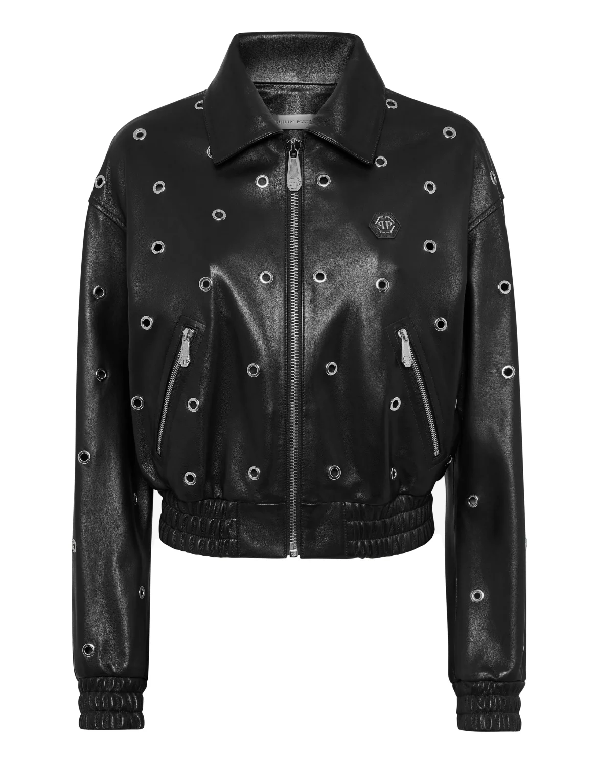 Leather Eyelet Bomber Jacket LS, цвет: Черный