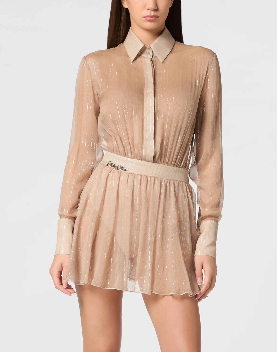 Chiffon Lurex Mini Shirt Dress LS Signature, цвет: Розовый