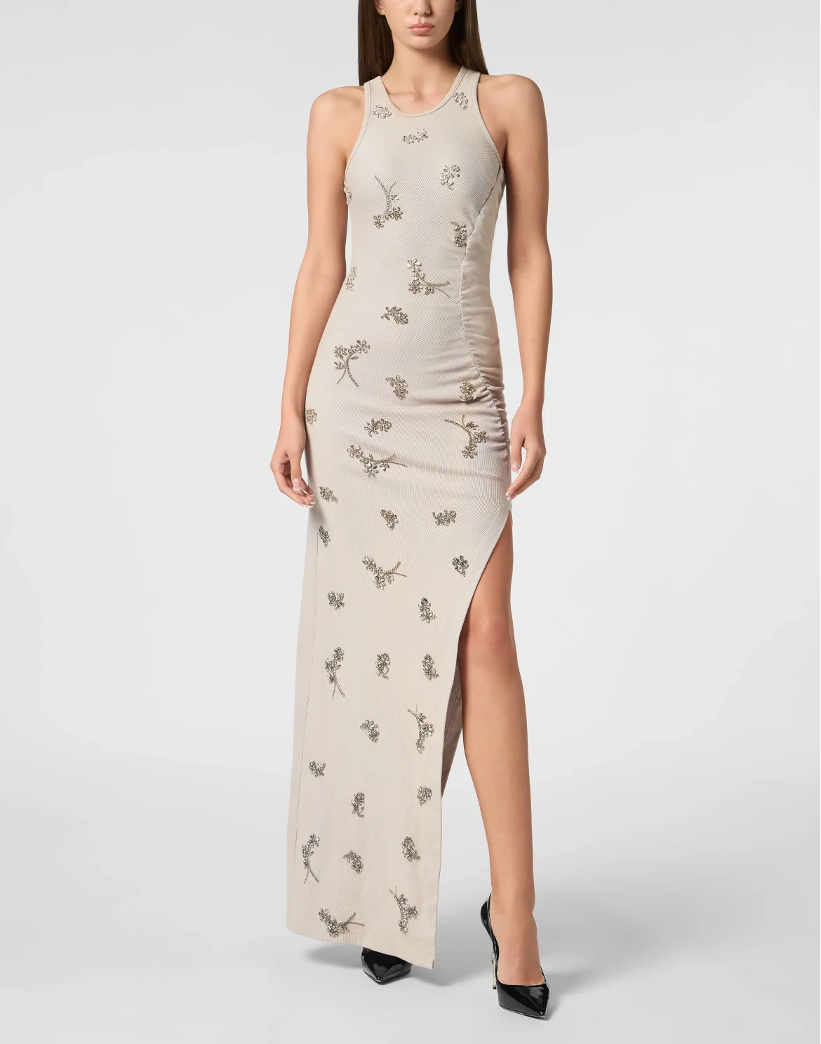 Jersey Rib Long Dress Flowers, цвет: Серый