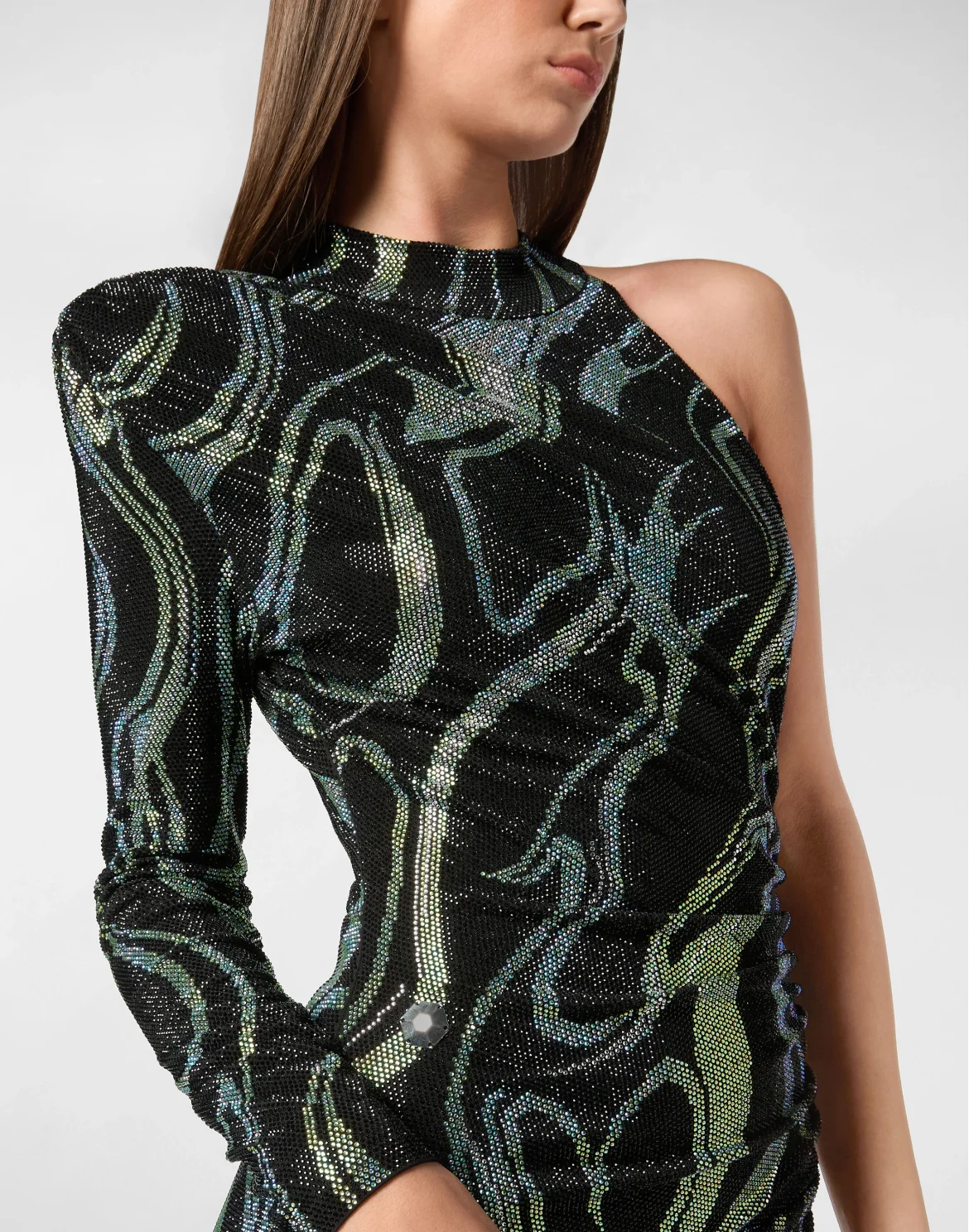Jersey Strass Long Dress Mono Sleeve Flame, цвет: Черный