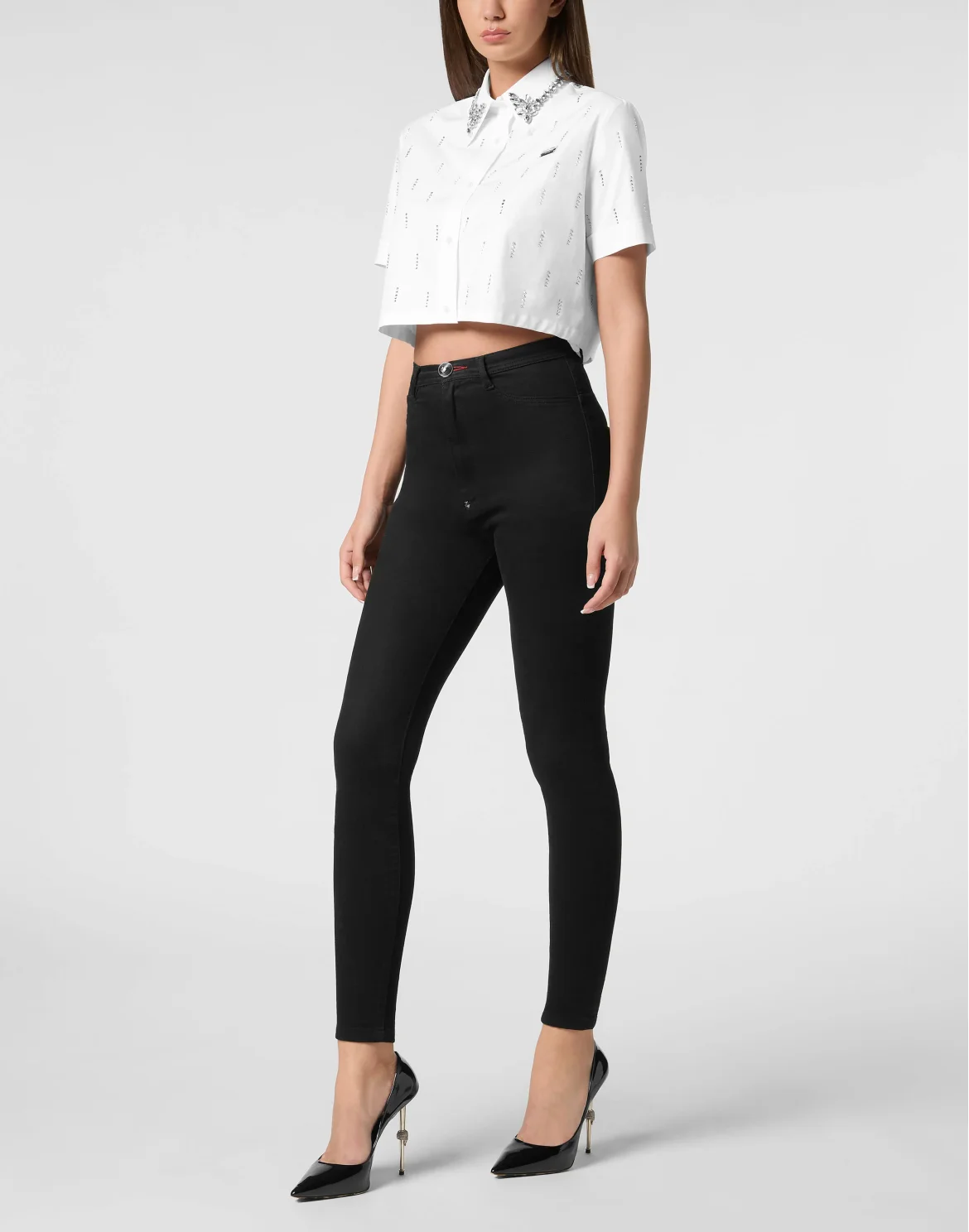 Poplin Cropped Shirt SS Strass, цвет: Белый