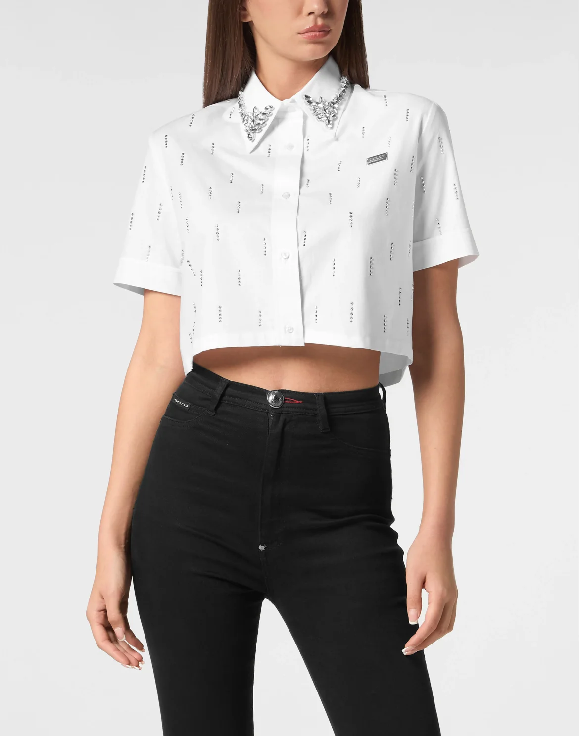 Poplin Cropped Shirt SS Strass, цвет: Белый