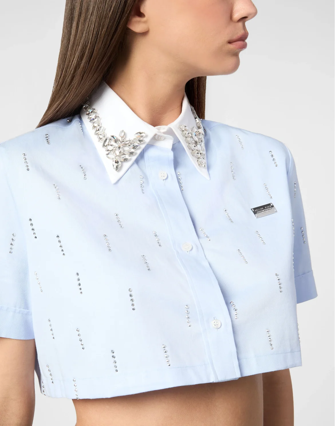 Poplin Cropped Shirt SS Strass, цвет: Голубой