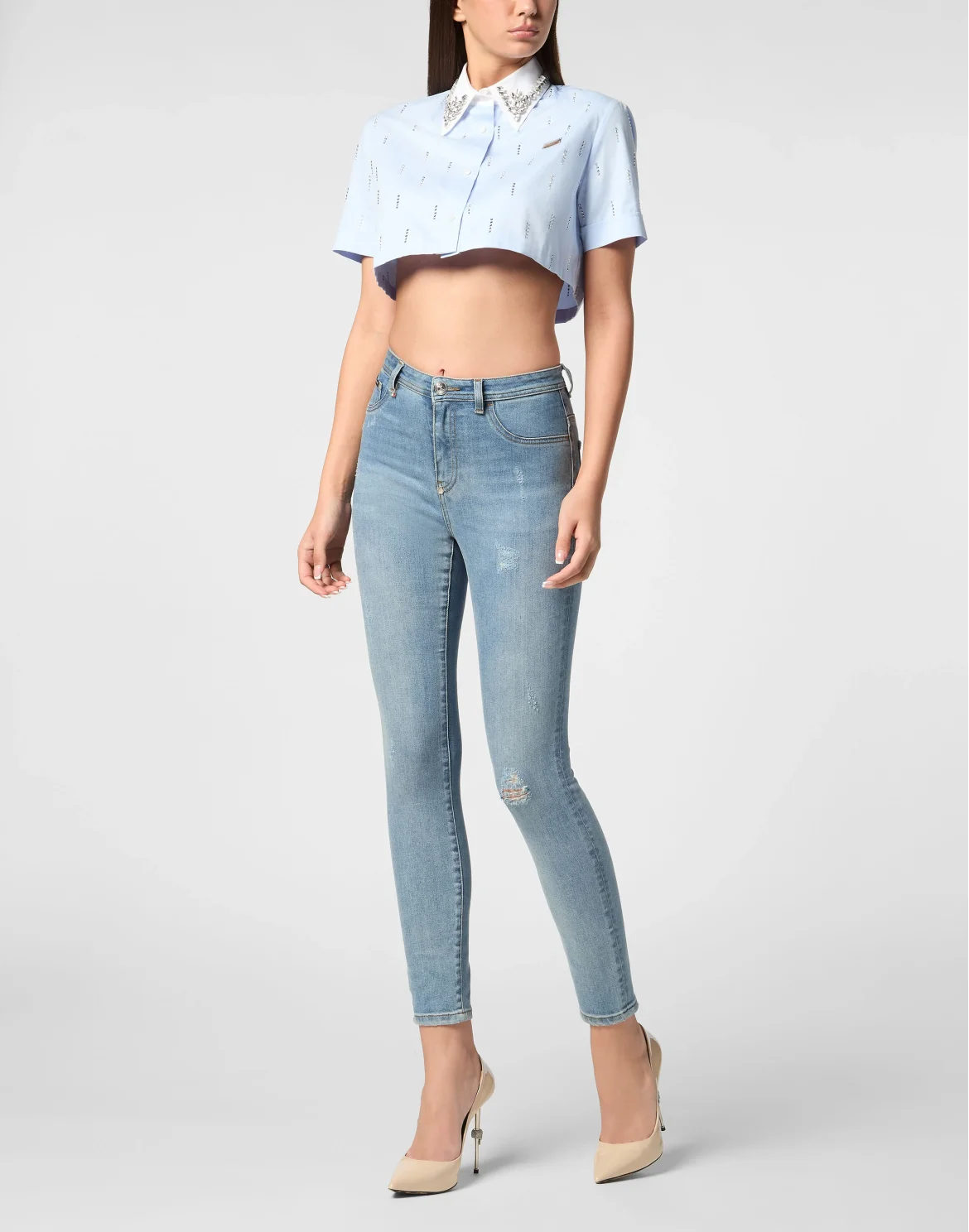 Poplin Cropped Shirt SS Strass, цвет: Голубой