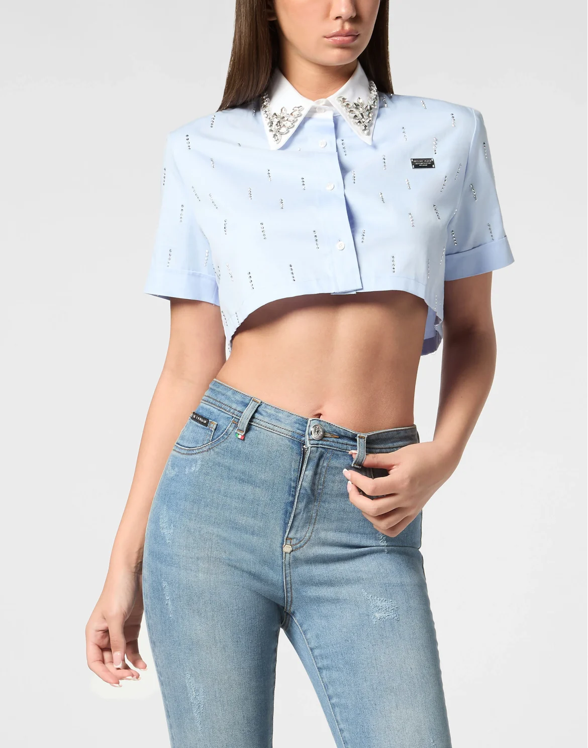 Poplin Cropped Shirt SS Strass, цвет: Голубой