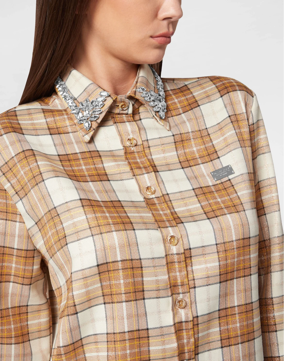 Checked Oversize Shirt LS Strass Flame, цвет: Коричневый