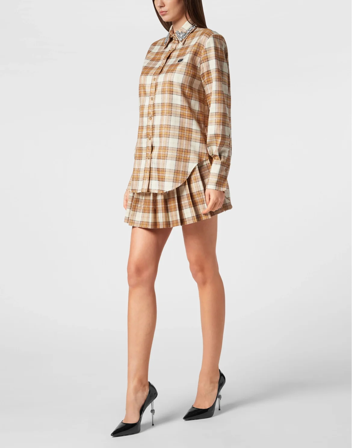 Checked Oversize Shirt LS Strass Flame, цвет: Коричневый
