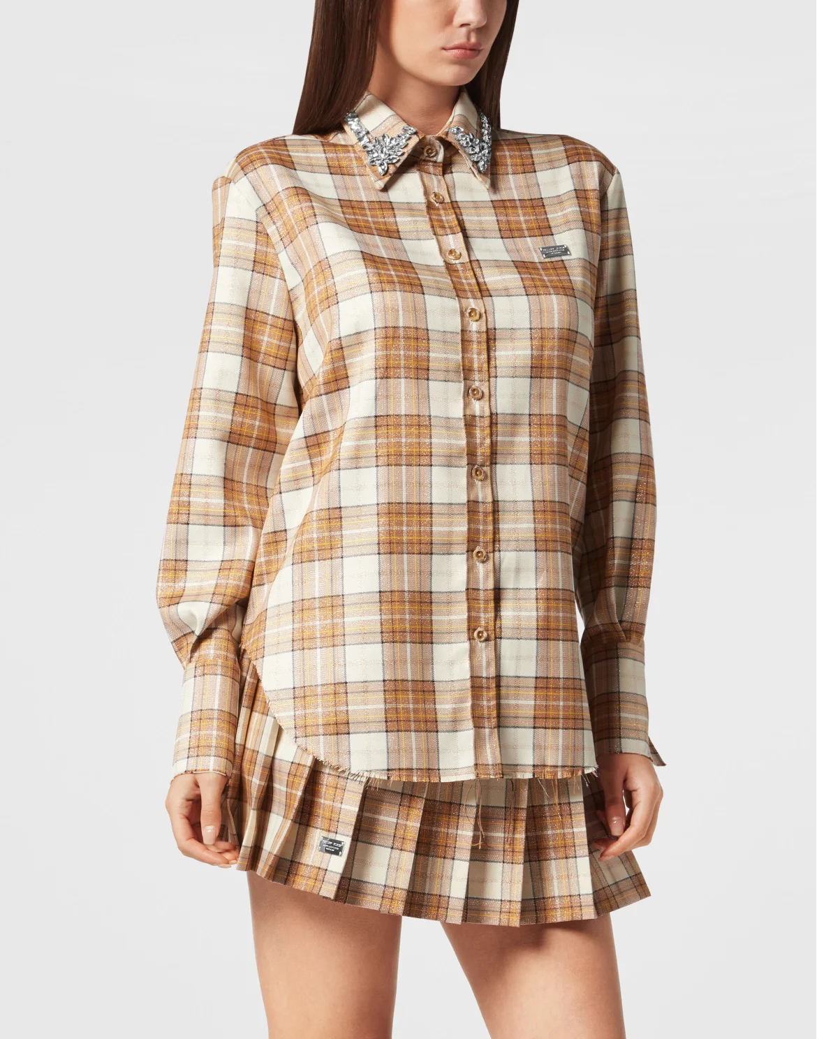 Checked Oversize Shirt LS Strass Flame, цвет: Коричневый