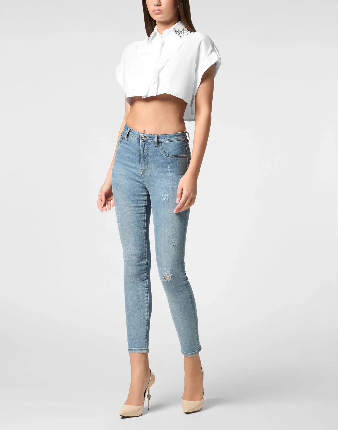 VOLANT CROPPED SHIRT SS STRASS, цвет: Белый