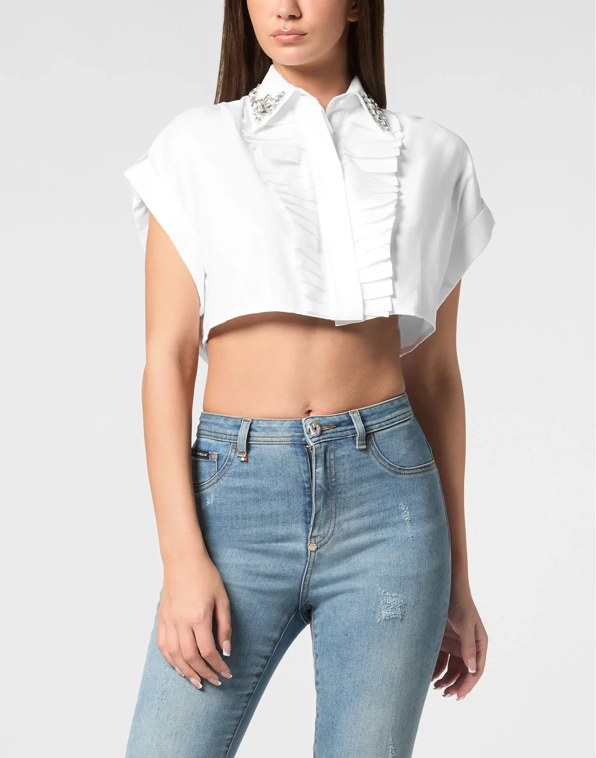 VOLANT CROPPED SHIRT SS STRASS, цвет: Белый