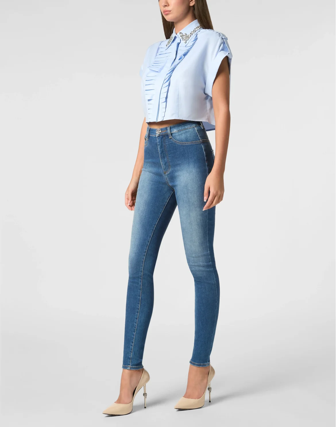 VOLANT CROPPED SHIRT SS STRASS, цвет: Голубой