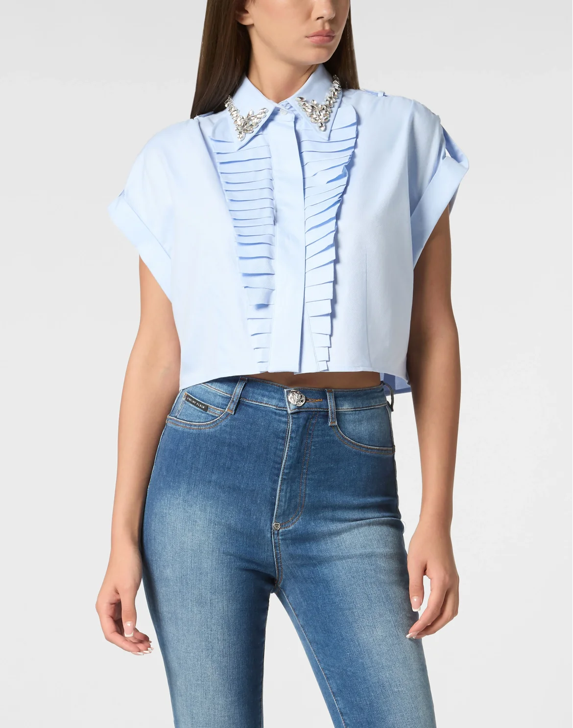 VOLANT CROPPED SHIRT SS STRASS, цвет: Голубой